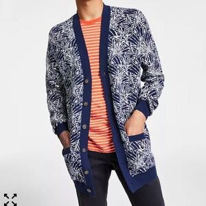 SUN + STONE Stephon Star Print Cotton Cardigan Sweater Navy Blue Men’s Medium